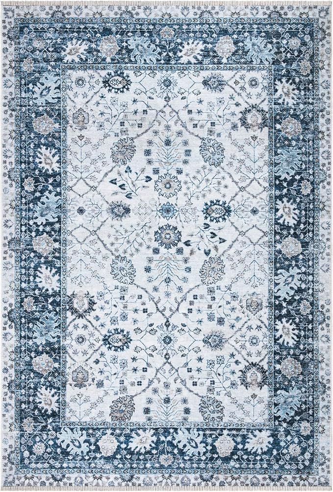 Bloom Rugs Caria Washable Non-Slip 5x7 Rug - Navy Blue Traditional Bordered Area Rug for Living Room, Bedroom, Dining Room, and Kitchen - Exact Size: 5' x 7'