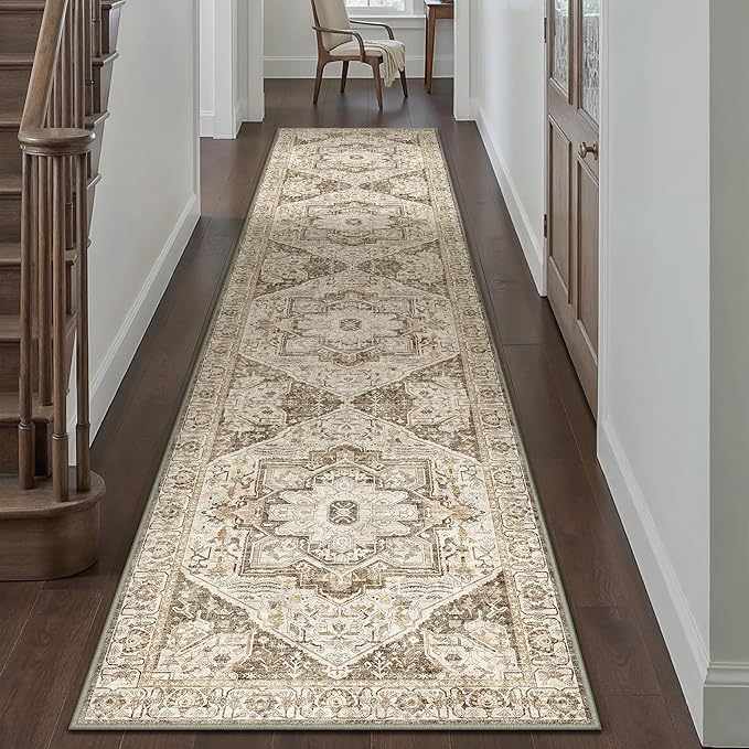Brown Hallway Runner Rug 2x12 Vintage Washable Distressed Area Carpet Kitchen Indoor Non Slip Long Traditional Medallion Retro Accent Throw Rug for Bedroom Laundry Office Dining Living Room