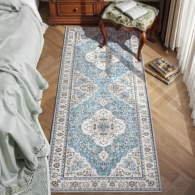 Ciicool Washable Runner Rug Non Slip, 2'x6' Blue Hallway Rug Vintage Kitchen Rugs Carpet for Bedroom Laundry Bathroom Decor