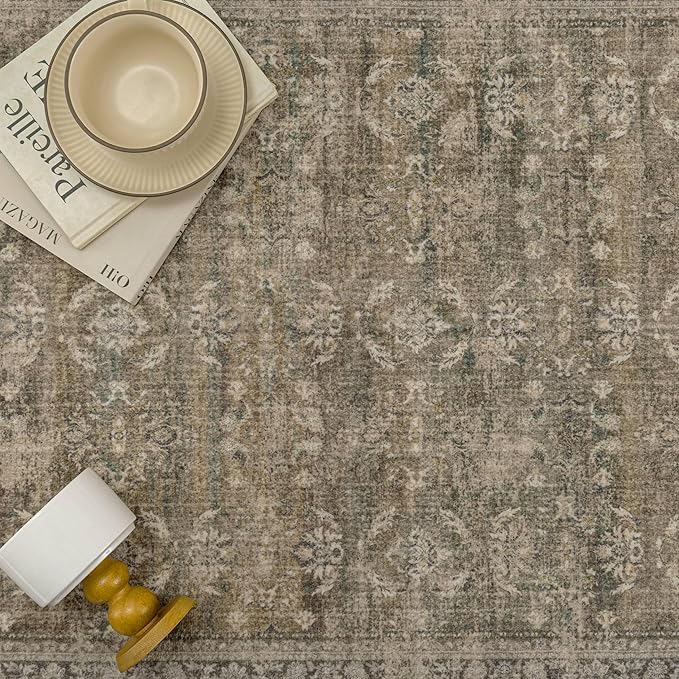 8x10 Brown Area Rug for Living Room Washable Vintage Distressed Carpet Large Bedroom Low Pile Non Slip Indoor Soft Retro Throw Accent Rug Office Kitchen Bathroom Dining Room