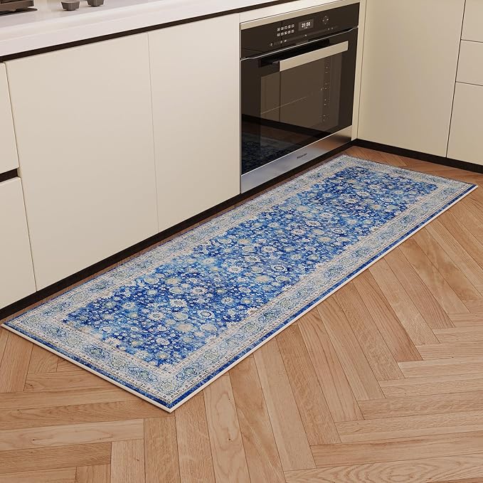 Runner Rug 2'6''x8' Hallway Washable Boho Soft Area Rug Non-Slip Faux Wool Vintage Rug for Kitchen, Entryway, Laundry, Bedroom, Indoor (Blue)