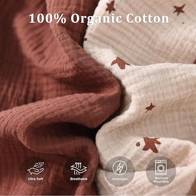 Baby Crib Sheets 2 PCS, 100% Organic Cotton Crib Sheet for Standard Crib Mattress(52”x 28”), Fitted and Soft Breathable Muslin Crib Mattress Sheet for Girl and Boy (Star, Brown)