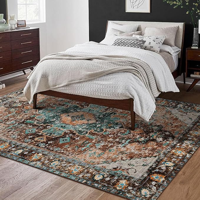Ciicool Boho Area Rug 3x5ft Washable Bedroom Rug Non-Slip Oriental Entryway Throw Rug Low-Pile Indoor Floor Carpet for Living Room Laundry Foyer Decor (Brick Red/Dull Teal)