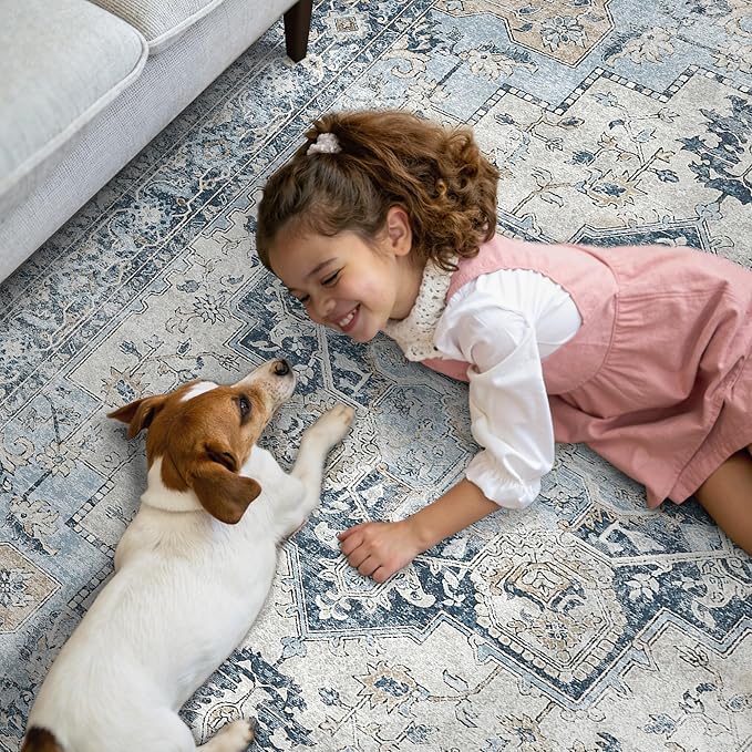 GENIMO Runner Rug 2x5, Machine Washable Non Slip Vintage Runner Rug, Low Pile Lighrweight Rugs for Entryway, Hallway, Kitchen and Corridor, Blue