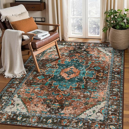 Ciicool Boho Area Rug 3x5ft Washable Bedroom Rug Non-Slip Oriental Entryway Throw Rug Low-Pile Indoor Floor Carpet for Living Room Laundry Foyer Decor (Brick Red/Dull Teal)