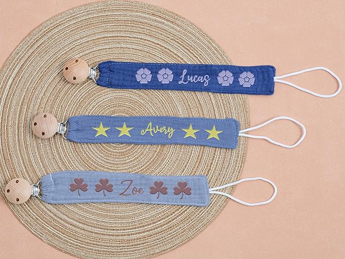 Custom Boho Pacifier Clip Holder with Embroidered Name – A Perfect Personalized Baby Baptism Gifts in Eco-Friendly Bamboo! (Grass Green)