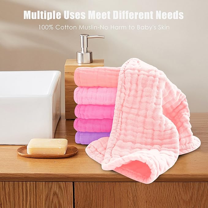 MOON PARK Baby Washcloths, 12 Pack - 12x12 Inches, Small Burp Cloths and Baby Wipes - 100% Cotton Muslin Ultra Soft for Newborn, Infant and Toddlers - Pink, Purple and Sakura Series