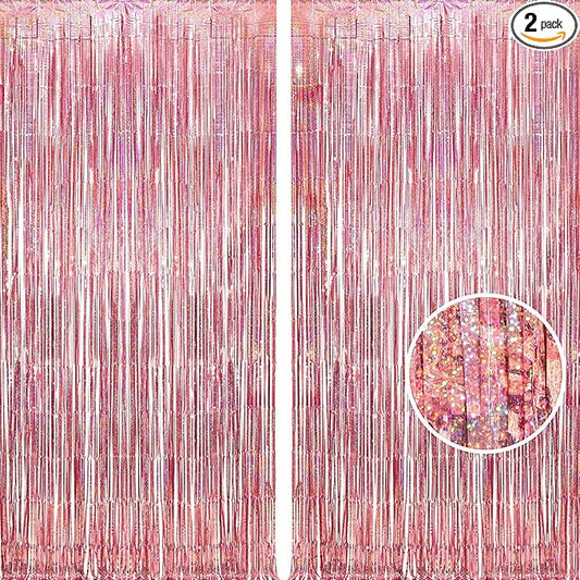 BRAVESHINE Rose-Gold Tinsel Foil Fringe Curtains - 2Pcs 3.2x8.2ft Metallic Holiday Photo Booth Backdrop Party Supplies for Birthdays Valentines Day Bridal Shower Bachelorette Engagement Party