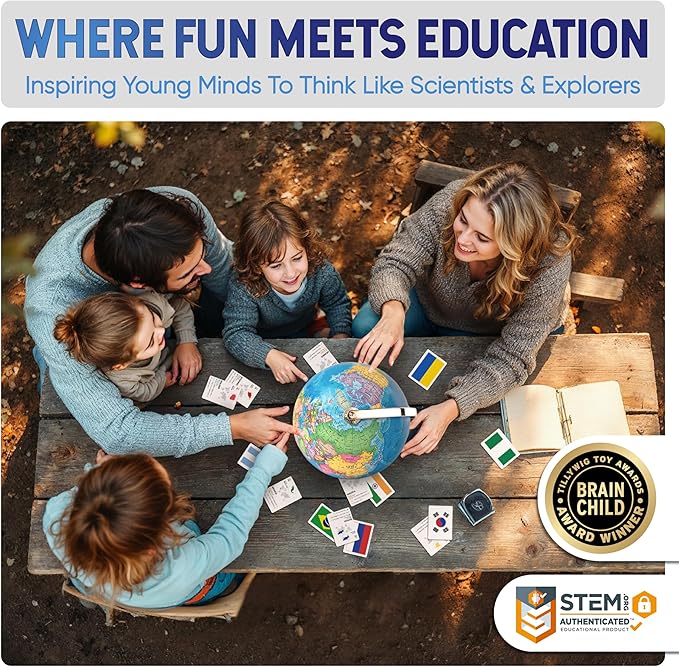 9" Illuminated Educational Kids World Globe + STEM Flags & Countries Interactive Card Game. 3 in 1 Children Desktop Spinning Earth Political & Constellation Maps, LED Night Light Lamp