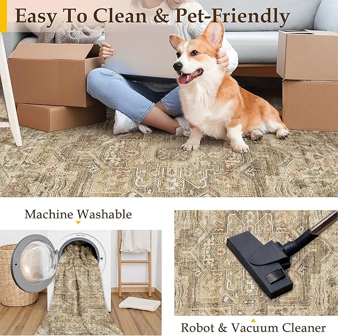 Brown Multi Area Rug 3x5 Vintage Entryway Door Mat Office Washable Distressed Kitchen Carpet Non Slip Soft Indoor Traditional Medallion Retro Accent Throw Rug for Bedroom Dining Living Room