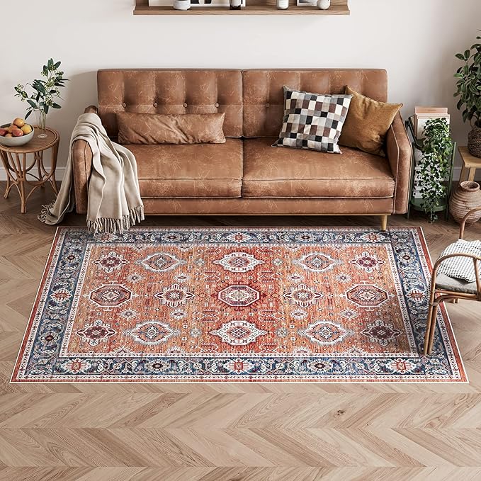 Dripex Vintage 5x7 Area Rugs - Large Washable Area Rug for Living Room Bedroom Oriental Medallion Floral Print Floor Carpet Low-Pile Indoor Soft Non-Slip Accent Rug Farmhouse Home Office Decor