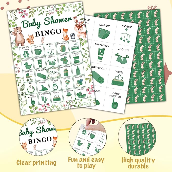 Baby Shower Bingo Game Cards, Jungle Safari Baby Shower Bingo, Wild Animals Gender Reveal Party Favors Supplies, Game Sets for Adults Large Group Party Activities for Family -A07