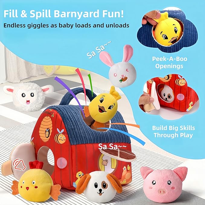 Baby Toys 6-12 Months - Soft Barn Playset with Stuffed Farm Animals, Rattle, Crinkle Paper, Mirror - Montessori Toys for 6 9 12 Months Old Babies, Sensory Balls Toddlers 1-3, 1 Year Old Boy Girl Gifts
