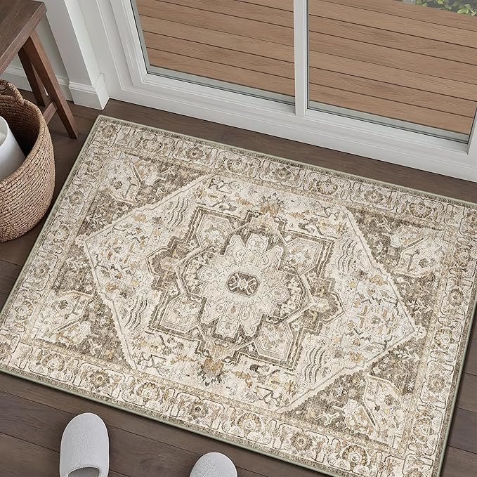 Brown Area Rug 2x3 Vintage Entryway Door Mat Washable Distressed Kitchen Carpet Non Slip Soft Indoor Traditional Medallion Retro Accent Throw Rug for Bedroom Office Dining Living Room