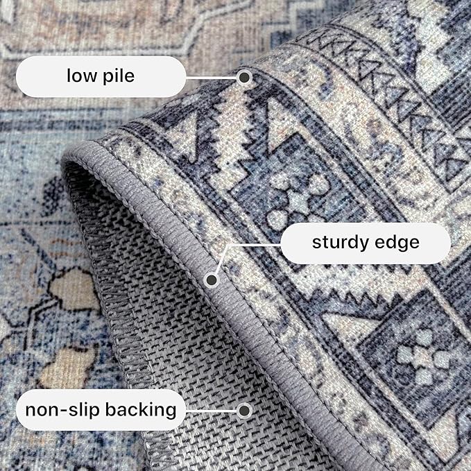 GENIMO 3x5 Area Rugs for Living Room, Machine Washable Non Slip Vintage Rugs, Low Pile Lightweight Chenille Print Rug for Bedroom, Dining Room, Home Office, Brown Blue