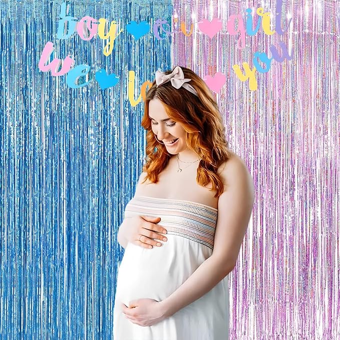 BRAVESHINE Pink Blue Tinsel Foil Fringe Curtains - 2Pcs 3.2x8.2ft Holidays Photo Streamers Backdrop for Easter Girl or Boy Birthdays Bridal Shower Party Supplies Decorations