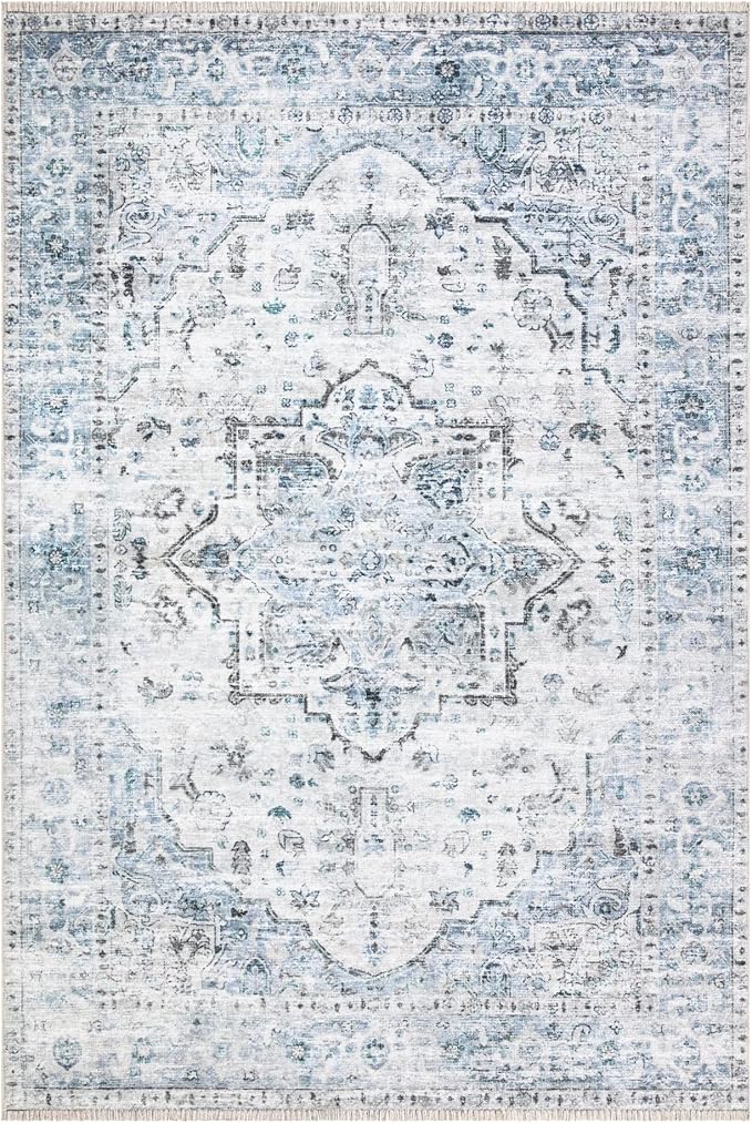Bloom Rugs Caria Washable Non-Slip 5x7 Rug - Ivory/Blue/Gray Traditional Area Rug for Living Room, Bedroom, Dining Room, and Kitchen - Exact Size: 5' x 7'
