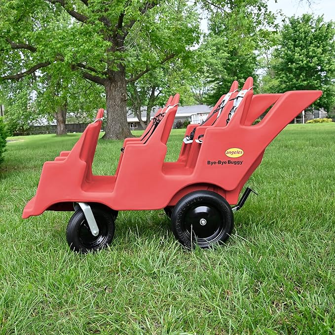 Children’s Factory Bye Bye Buggy 6 Passenger Stroller, Sturdy Daycare Stroller with Fat Tires, Easy-to-Fasten Safety Buckles, Parking Brake, & 360 Pivoting Wheels, Red