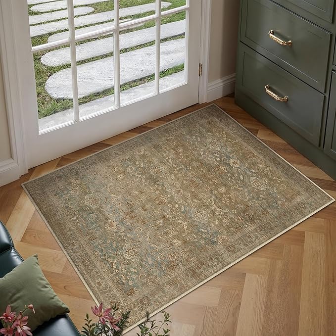 Vintage Area Rug 2x3 Washable Brown Entryway Carpet Non Slip Entrance Low Pile Kitchen Distressed Retro Accent Throw Rug for Bathroom Bedroom Dining Living Room