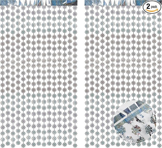 BRAVESHINE Silver Party Snowflake Backdrop - 2 Pack Hanging Foil Fringe Snow Flakes Party Streamers Curtain for Christmas Winter-Themed Frozen Birthday Baby Shower Holiday New Year Party Decorations
