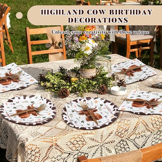 Domensi 200 Pcs Highland Cow Party Supplies for 50 Guests Include 100 Pcs Cow Print Plates 50 Napkins Paper 50 Forks Farm Animal Theme Party Tableware Kit for Birthday Baby Shower Decorations