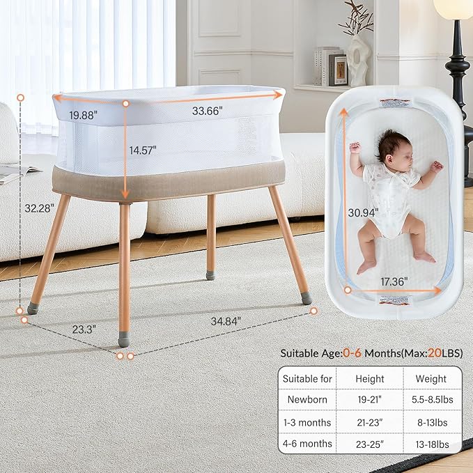 Rocking Bassinet for Baby 3 Speeds Electric Bedside Sleeper with White Noise, Automatic Bedside Crib for Newborn, Brownish-Yellow
