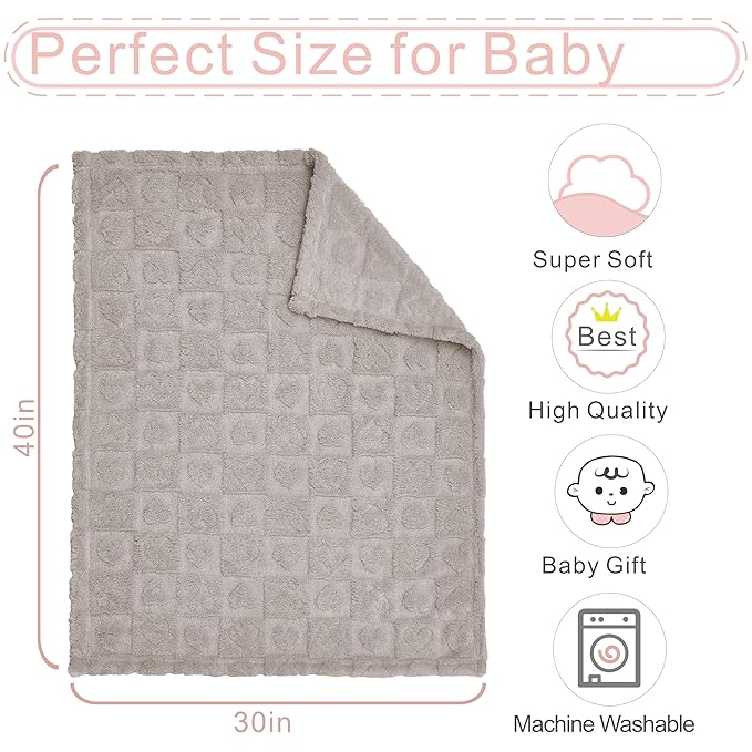 Yurhap Fleece Baby Blanket Heart Checkered, Ultra Soft Cozy Baby Blankets for Boys Girls, Fluffy Infant Toddler Newborn Receiving Gifts for Crib Stroller 30"x40" (Oxford Tan)