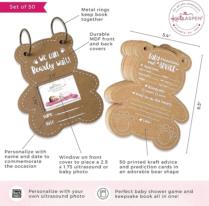Kate Aspen Teddy Bear Advice Cards and Baby Predictions For Baby Shower Games - We Can Bearly Wait Baby Shower Decorations - Gender Reveal Games, Party Activity And Keepsake For Parents-to-be