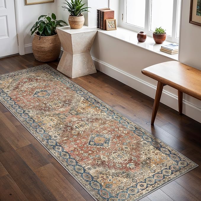 GENIMO Runner Rug 2x5 Non Slip Machine Washable Vintage Hallway Runner Rug, Low Pile Lightweight Rugs for Entryway, Hallway, Kitchen and Corridor, Antique Red