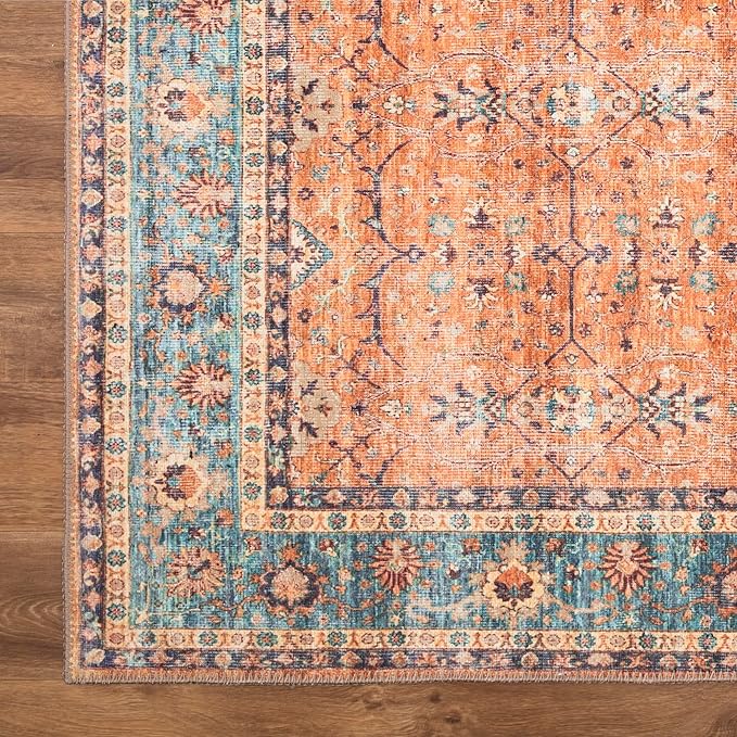 Bloom Rugs Washable Non-Slip 6' x 9' Rug - Orange/Teal Blue Traditional Bordered Area Rug for Living Room, Bedroom, Dining Room, and Kitchen - Exact Size: 6' x 9'