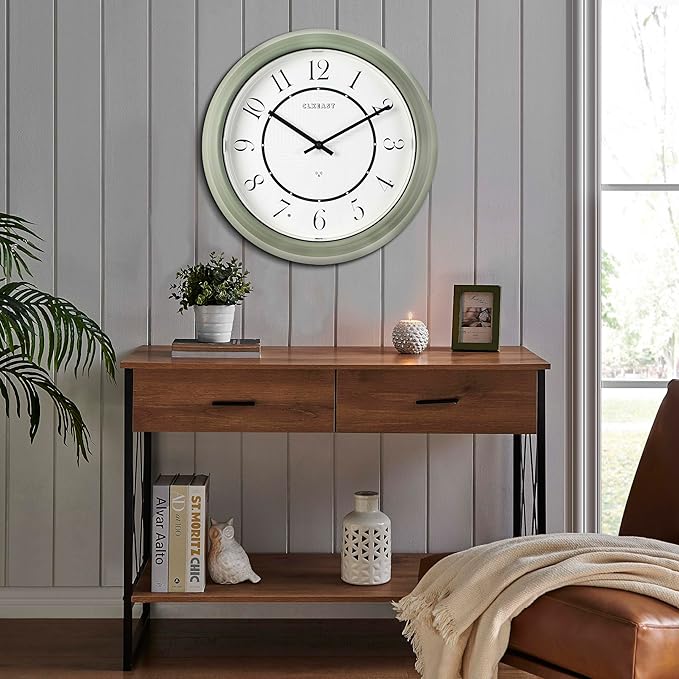 CLXEAST 14" LED Illuminated in/Outdoor Atomic Analog Wall Clock with Night Light,Coastal Beach Nautical Wall Clocks for Outdoor Patio Garden Decor, Olive Sage Green Finish