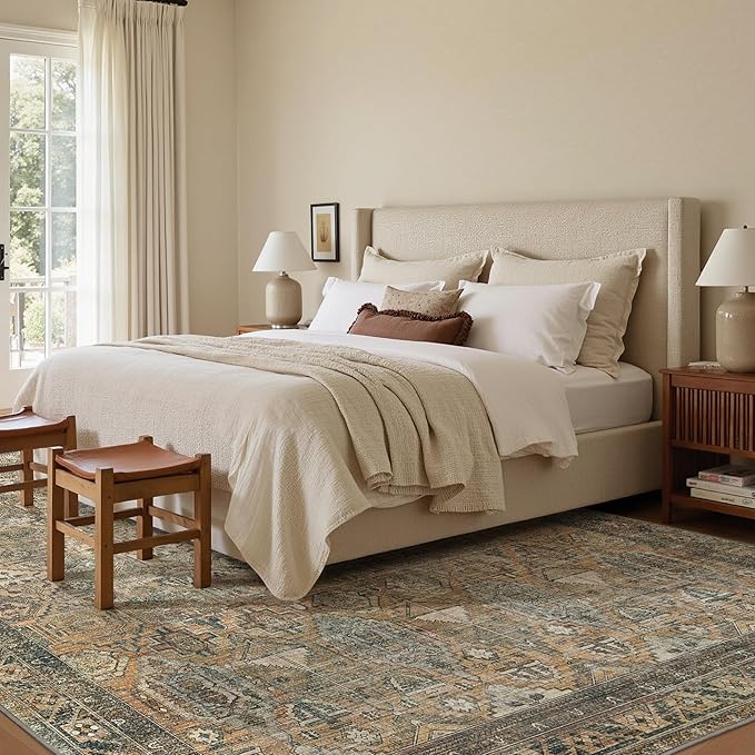 GENIMO 4x6 Area Rugs for Living Room, Machine Washable Non Slip Vintage Rugs, Low Pile Lightweight Chenille Print Rug for Bedroom, Dining Room, Home Office, Warm Taupe