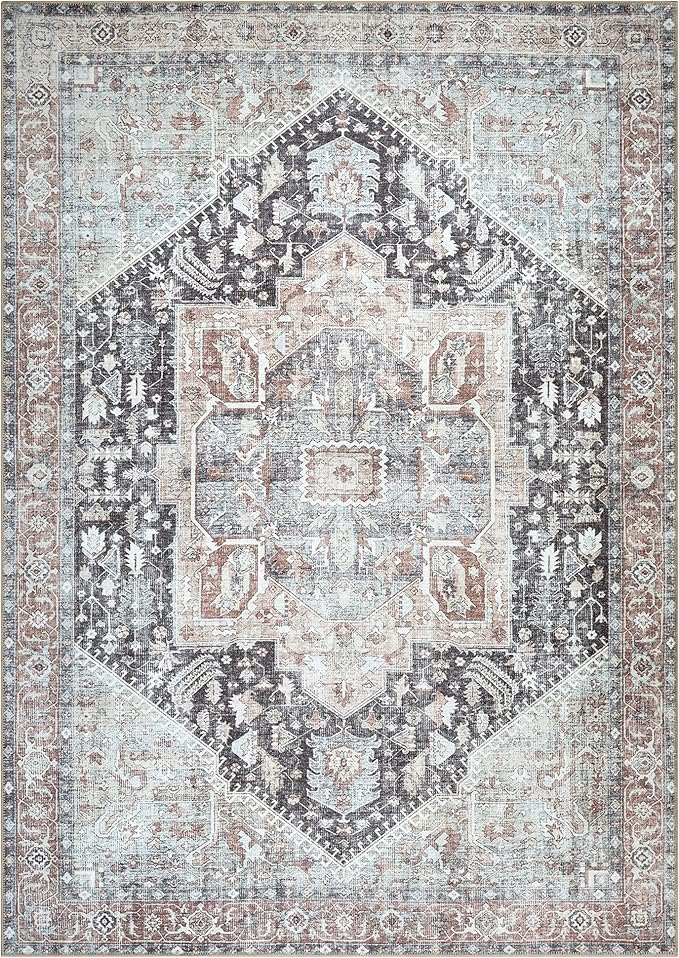 Bloom Rugs Washable Non-Slip 9' x 12' Rug - Charcoal/Brown Traditional Medallion Area Rug for Living Room, Bedroom, Dining Room, and Kitchen - Exact Size: 9' x 12'