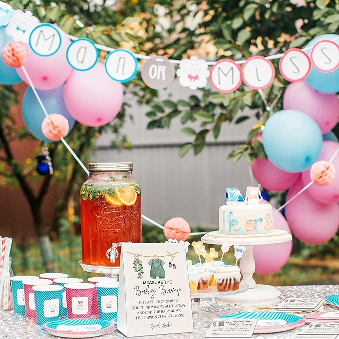 Measure the Baby Bump Baby Shower Game Set, 1 Standing Sign with 50 Guessing Cards, Baby Clothes Gender Reveal Party Decorations Supplies - B08
