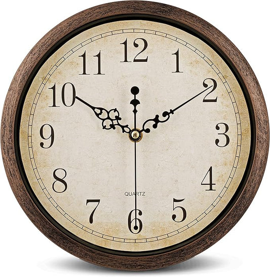 Bernhard Products Vintage Brown Wall Clock Silent Non Ticking 10 Inch Quality Quartz Battery Operated Round Decorative Easy to Read for Home Kitchen Living/Dining Room Bedroom Office Classroom School