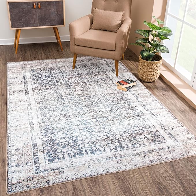 Bloom Rugs Washable Non-Slip 4' x 6' Rug - Tan/Blue/Green Traditional Area Rug for Living Room, Bedroom, Dining Room, and Kitchen - Exact Size: 4' x 6'