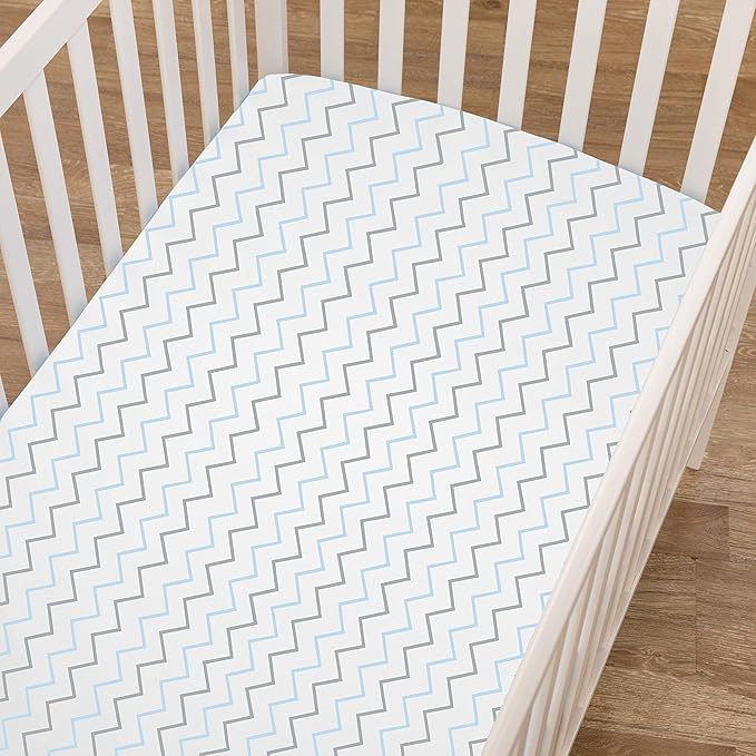 American Baby Company 4 Pack Fitted Crib Sheets 28" x 52", Soft Breathable Neutral 100% Cotton Jersey Sheet, Blue Zigzag/Aqua Whale/Gray/White, for Boys and Girls, Fits Crib and Toddler Bed mattresses