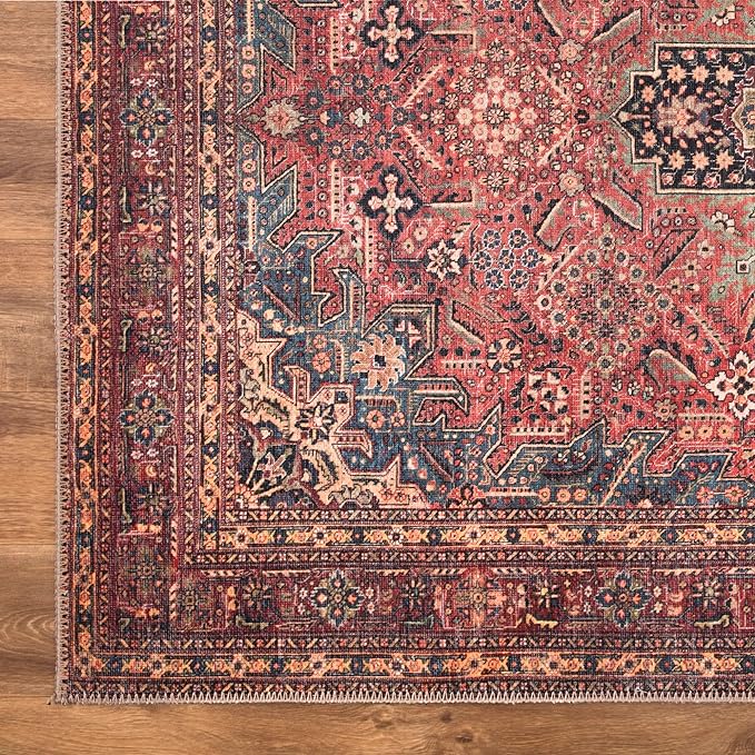 Bloom Rugs Washable Non-Slip 7 ft Runner - Red/Teal Blue/Yellow Traditional Medallion Runner for Entryway, Hallway, Bathroom, and Kitchen - Exact Size: 2.5' x 7'