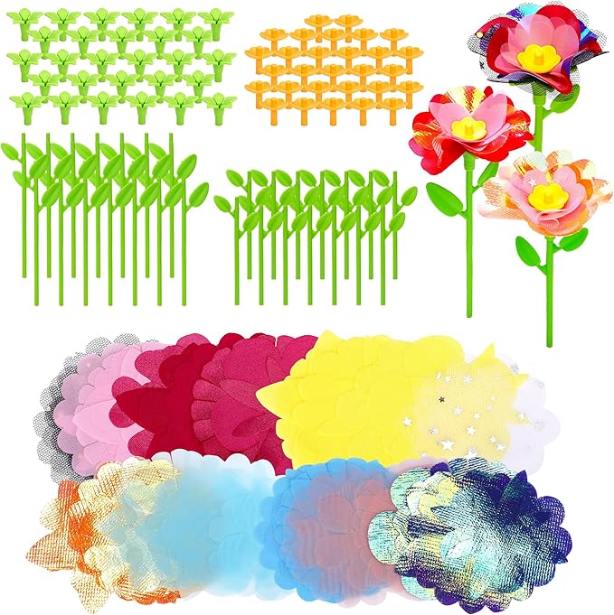 Aboofx DIY Fabric Flower Bouquet Craft Kit Refill, About 90 pcs Fabric Petals, 28pcs Stems, 28 pcs Flower Centers, 28 pcs Receptacles