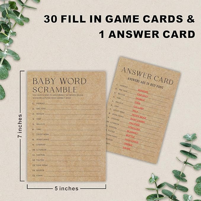 Baby Shower Game Card - Set Of 30 Kraft Paper Double Print - Baby Word Scramble Game Cards With 1 Answer Card For Baby Boy Girl, Baby Announcements, Gender Reveal Games, Party Favors And Supplies-B11
