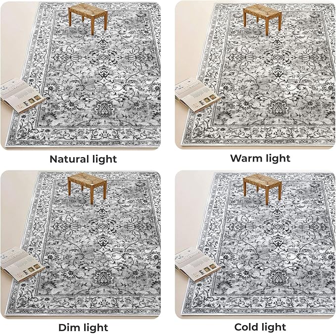 KILOCOCO Hallway Runner 2.6x10 Runner Rug Printed Vintage Floral Washable Rugs Kitchen Runners Soft Non-Slip Low Pile Rubber Backed Runners for Laundry Room Distressed Boho Rugs, Light Gray White