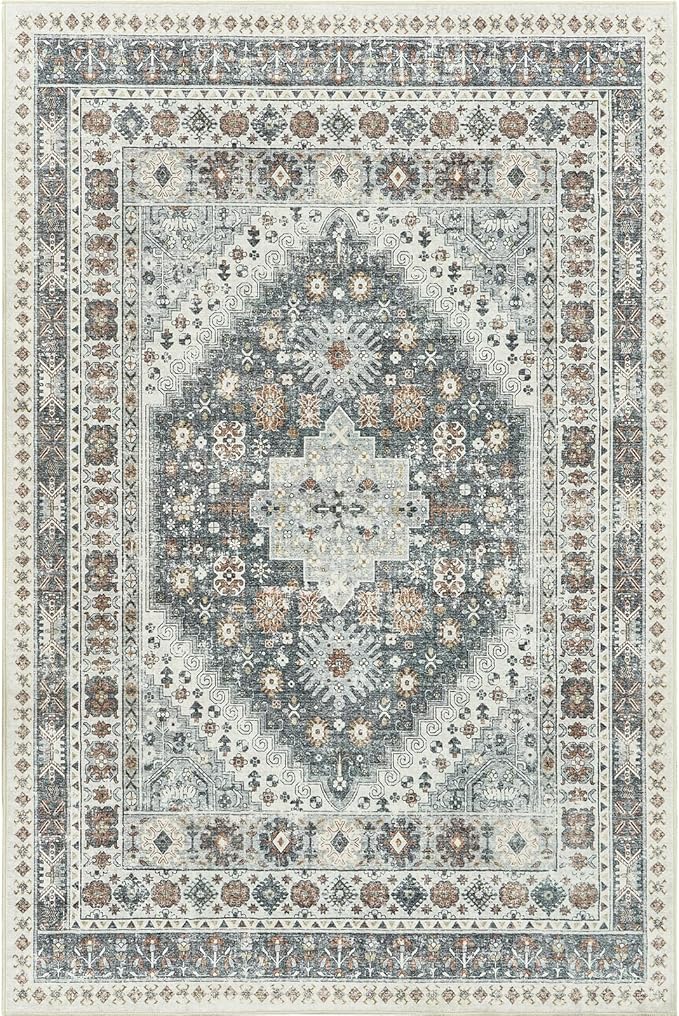 zesthome 6x9 Area Rug, Super Soft Washable Rugs for Living Room, Non-Slip Stain Resistant Vintage Rugs, Ultra-Thin Large Area Rugs (Grey/Orange,6'x9')