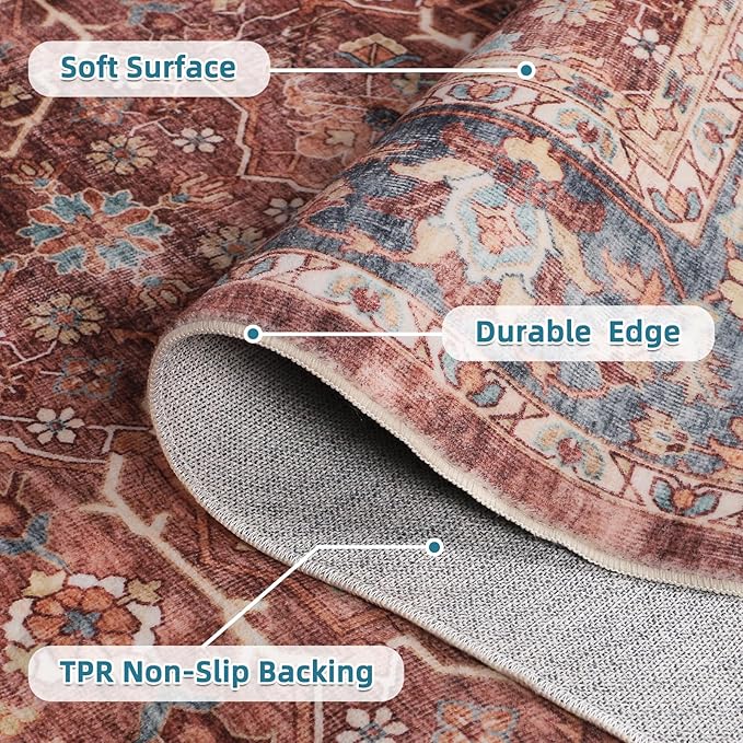 Dripex Vintage Washable Area Rug - 5x8 Distressed Rugs for Living Room Bedroom Oriental Medallion Floral Print Carpet Low-Pile Indoor Soft Non-Slip Accent Rug Farmhouse Office Home Decor