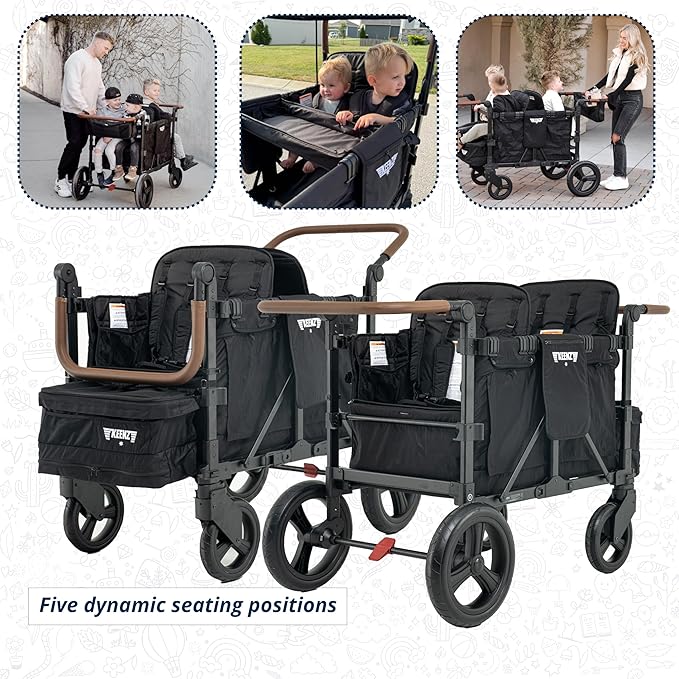Keenz XC+ EVO - Luxury 4 Passenger Stroller Wagon for Kids | Foldable 4 Passenger Quad Seater with Adjustable Canopy | Black