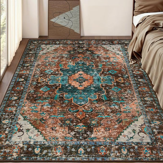 Ciicool Boho Machine Washable Area Rug, 4x6 Rugs for Living Room Non-Slip Bedroom Rug Vintage Rug Ultra-Thin Throw Distressed Large Low-Pile Carpet for Dining Room Office
