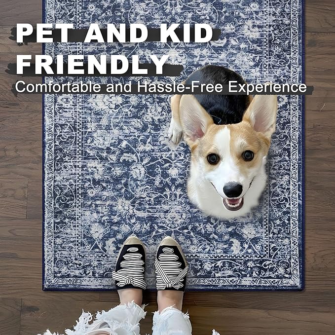 KILOCOCO Area Rug 3x5 Entryway Rug Washable Printed Vintage Floral Rubber Backed Non Slip Indoor Kitchen Rugs for Living Room Laundry Room Playroom Mudroom Moroccan Area Rugs, Blue