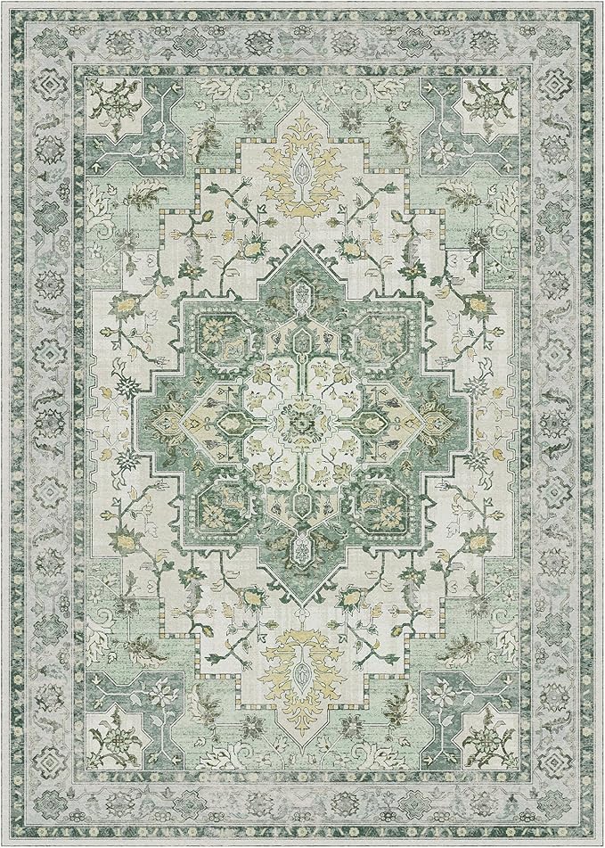 GENIMO 10x12 Area Rugs for Living Room, Machine Washable Non Slip Vintage Rugs, Low Pile Lightweight Chenille Print Rug for Bedroom, Dining Room, Home Office, Green