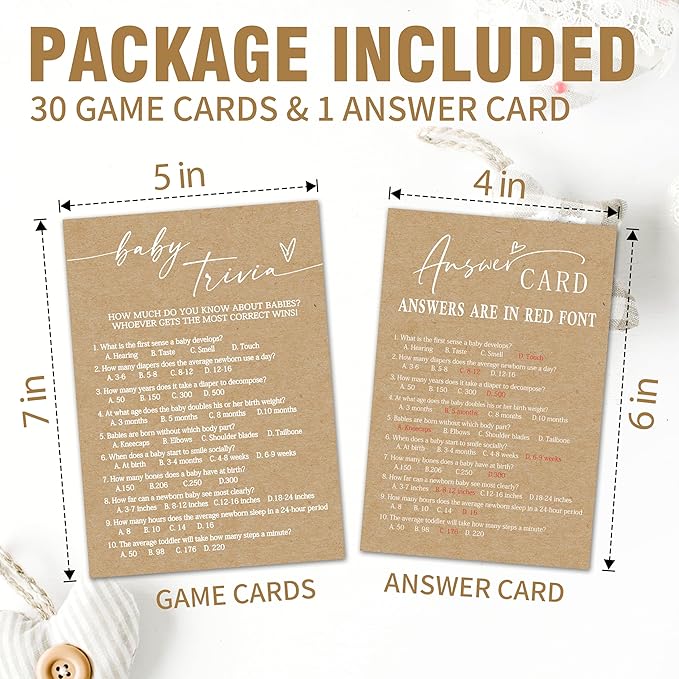 Baby Shower Game Cards - Set of 30 Baby Trivia Game - Double Sided Print Baby Announcement Gender Reveal Game Card for Parents to Be - Baby Shower Party Activities Supplies - B07