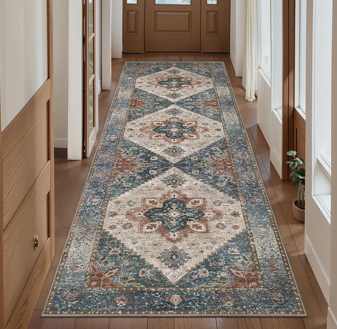 Ciicool Washable Vintage Runner Rug - 2'6" x 10' ft Hallway Carpet, Boho Low Pile Long Non Slip Soft Stair Runner Kitchen Carpet Indoor Oriental Throw for Living Room Bathroom Entry