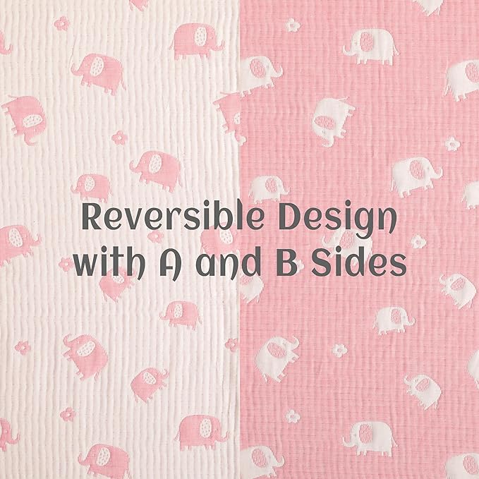 NTBAY 3 Layer Oversized Muslin Cotton Toddler Blanket, Jacquard Reversible Nursery Bed Blanket, Super Soft and Thermal for All Seasons, Baby Gift, 45"x60", Pink Elephant